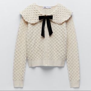 Zara bow trim textured knit sweater cardigan